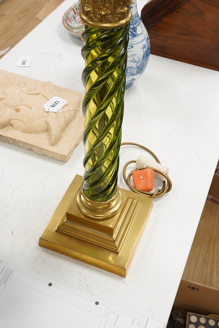 A 19th century gilt and brass green glass corinthian columned oil lamp by Messenger, 68cm high